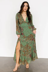 Bowman Deep V Maxi Dress | Green Multi