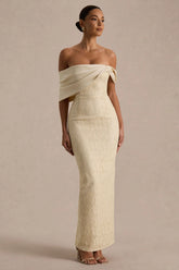 Solora | Cream Lace Twisted Bardot-Neck Maxi Dress