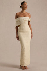 Solora | Cream Lace Twisted Bardot-Neck Maxi Dress