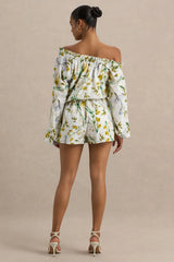 Waterfall | White Botanical Print Linen Asymmetric Long-Sleeve Playsuit