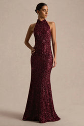 Tulia | Burgundy Sequin High-Neck Maxi Dress