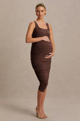 Lisbon | Brown Maternity Square Neck Ruched Midi Dress