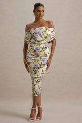 Rayleigh | Tulip Floral Print Bardot Ruched Midi Dress