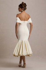 Posie | Stone Bardot Midi Dress With Puffball Hem