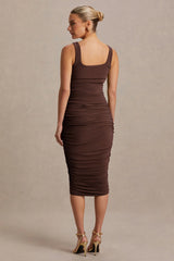 Lisbon | Brown Maternity Square Neck Ruched Midi Dress
