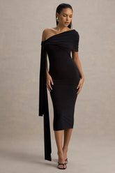 Vallea | Black One-Shoulder Draped Midi Dress
