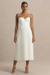 Agua | Cream Satin Sweetheart Midi Dress With Pleated Skirt