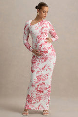 Vanette | Pink Floral Print Asymmetric Long-Sleeve Maternity Maxi Dress