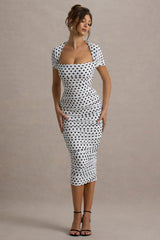Paxos | White Polka Dot Ruched Short-Sleeve Midi Dress