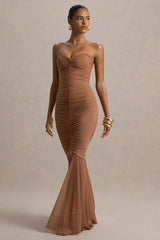 Talisa | Mocha Ruched Fishtail Maxi Dress With Mesh Hem