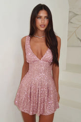 Sarah V-Neck Sequin Mini Dress - Baby Pink