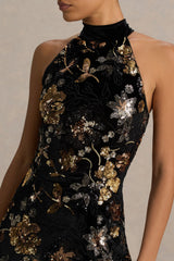 Tate | Black Velvet Halter-Neck Maxi Dress With Bronze Floral Sequin