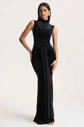 Idalina | Black Velvet High-Neck Maxi Dress With Gathered-Detailing