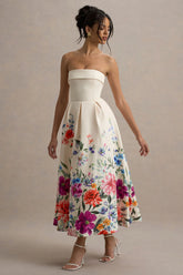 Annalise | Light Pink Floral Print Bandeau Skater Midi Dress