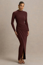 Zephyra | Brown High-Neck Wrapped Maxi Dress