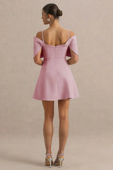 Faria | Blush Pink Short-Sleeve Bardot Mini Dress With Bow Detail
