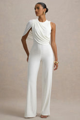 Opulence | White Jumpsuit With Cape Sleeve and Draped Details