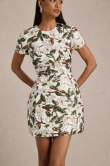 Ophelia | White And Green Sequin Floral And Mesh Mini Dress With Short Sleeves