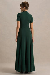 Alea | Dark Green High-Neck Short-Sleeve Maxi Dress