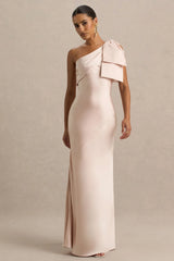 Valerie | Light Pink Satin Asymmetric-Neck Maxi Dress With Bow Detail