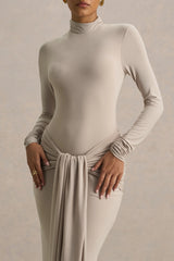 Myra | Champagne High-Neck Maxi Dress With Sash and Ruched Detailing