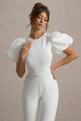 Dillon | White Puff-Sleeve Straight-Leg Jumpsuit