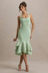 Arla | Light Green Halter Neck Ruffle Trim Midi Dress