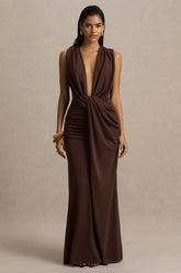 Serafina | Chocolate Extreme-Plunge Neck Maxi Dress With Wrap And Ruched Details