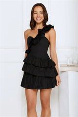 Precious Time One Shoulder Mini Dress Black