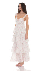 Floral Ruffle Maxi Dress in White