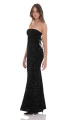 Velvet Sequin Strapless Maxi Dress in Black