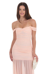 Mesh Off Shoulder Ruched Maxi Dress in Blush Pink