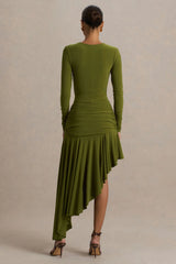 Alexia | Green Asymmetric-Neck Maxi Dress With Embellishment And Ruched Detailing