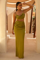 Rosita | Khaki Ruched Maxi Skirt