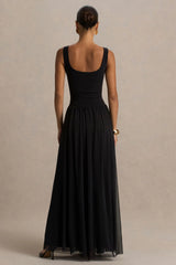 Amelia | Black Scoop-Neck Maxi Dress With Drop Waist And Pleating