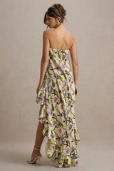 Whistler | Tulip Floral Print Chiffon Bandeau High-Low Ruffled Maxi Dress