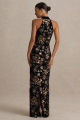 Tate | Black Velvet Halter-Neck Maxi Dress With Bronze Floral Sequin