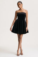 Mina | Black Velvet And Satin Bandeau Skater Mini Dress