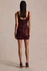 Moonshine | Burgundy Floral Sequin Embellished Square-Neck Mini Dress