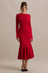 Liberty | Red High Neck Mermaid Maxi Dress With Ruffling Detail