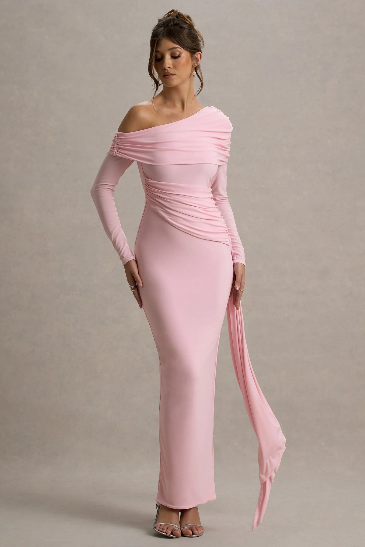 Valina | Pink Ruched Asymmetric Maxi Dress With Drape