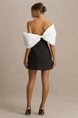 Tindra | Black And White Satin Bandeau-Neck Mini Dress With Bow Sleeves
