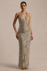 Gio | Champagne Sequin Plunge-Neck Wrap Maxi Dress With Ruched Detailing