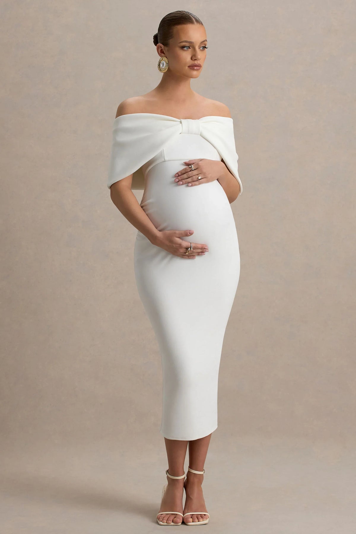 Droplet | White Bow Bardot Maternity Midi Dress