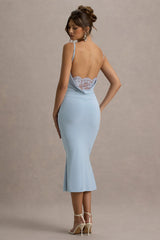 Addison | Powder Blue Cowl-Neck Open-Back Midi Dress With Lace