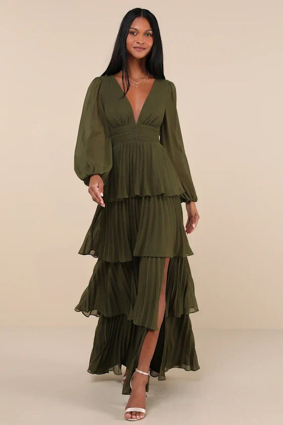 Graceful Finesse Olive Green Pleated Long Sleeve Maxi Dress