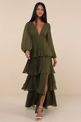 Graceful Finesse Olive Green Pleated Long Sleeve Maxi Dress