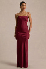 Yoli | Burgundy Satin Maxi Dress With Removable Twist-Cape