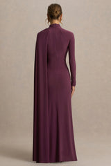 Anticipation | Burgundy High-Neck Maxi Dress With Front Split And Ruched Detailing