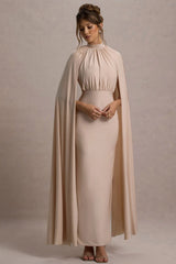 Darielle | Champagne High-Neck Cape-Sleeve Maxi Dress